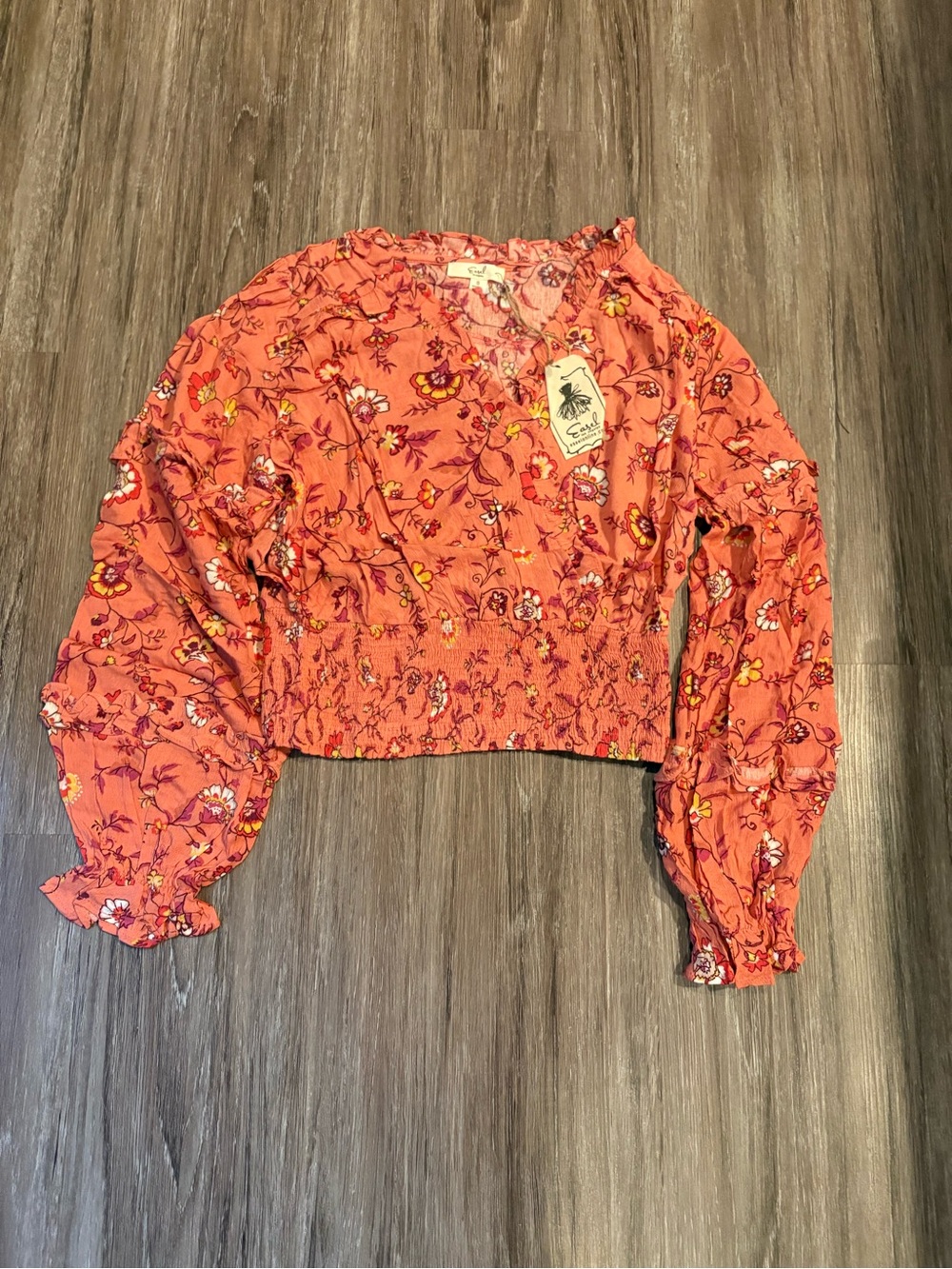 EASEL Coral Floral Smocked Crop Blouse